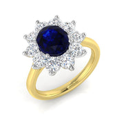 Oval Cut Blue Sapphire Halo Ring with Round Cluster Diamond in 10K/14K gold and platinum with certified lab-grown or natural diamonds