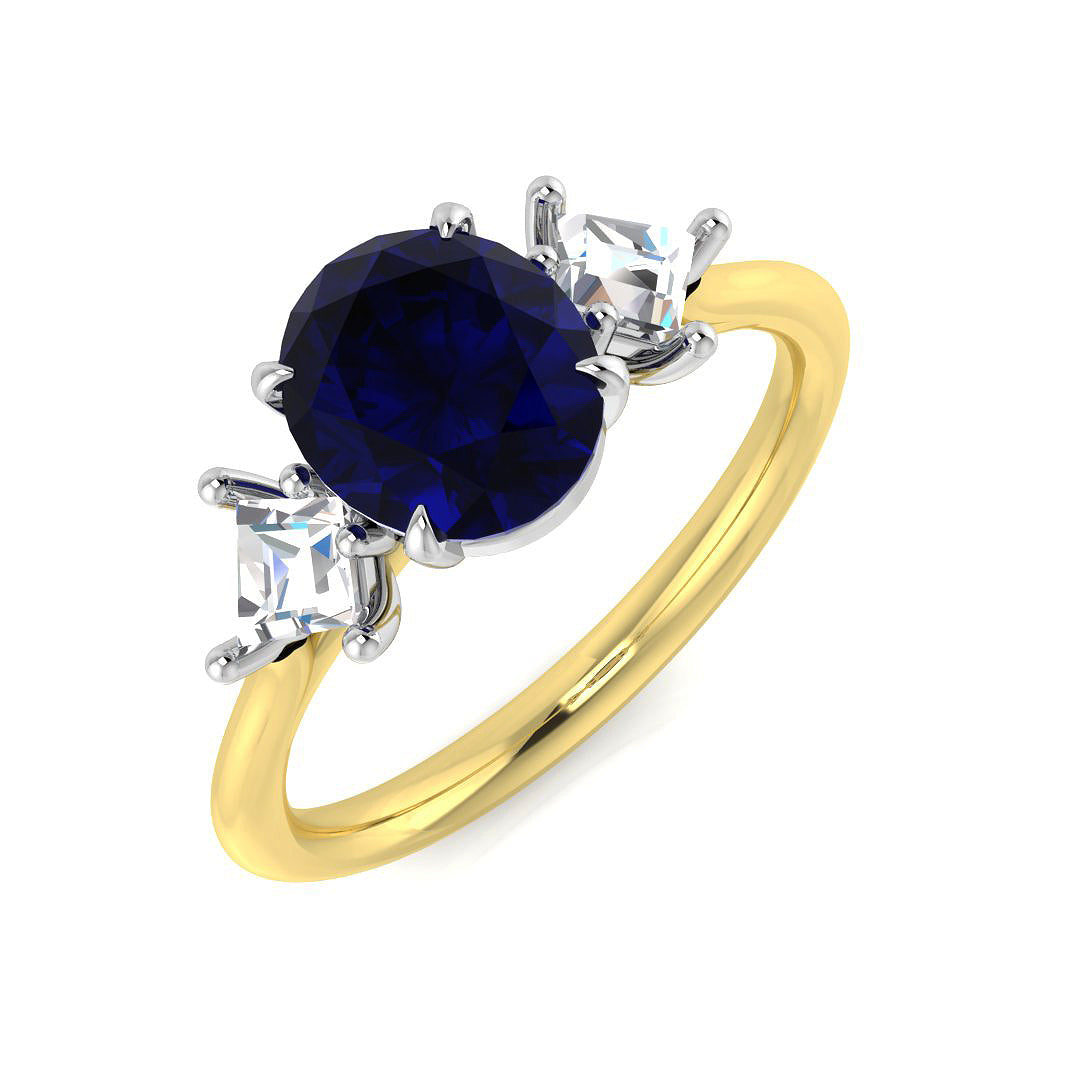Oval Blue Sapphire & Princess Cut Diamond Three Stone Ring in 10K/14K gold and platinum with certified lab-grown or natural diamonds