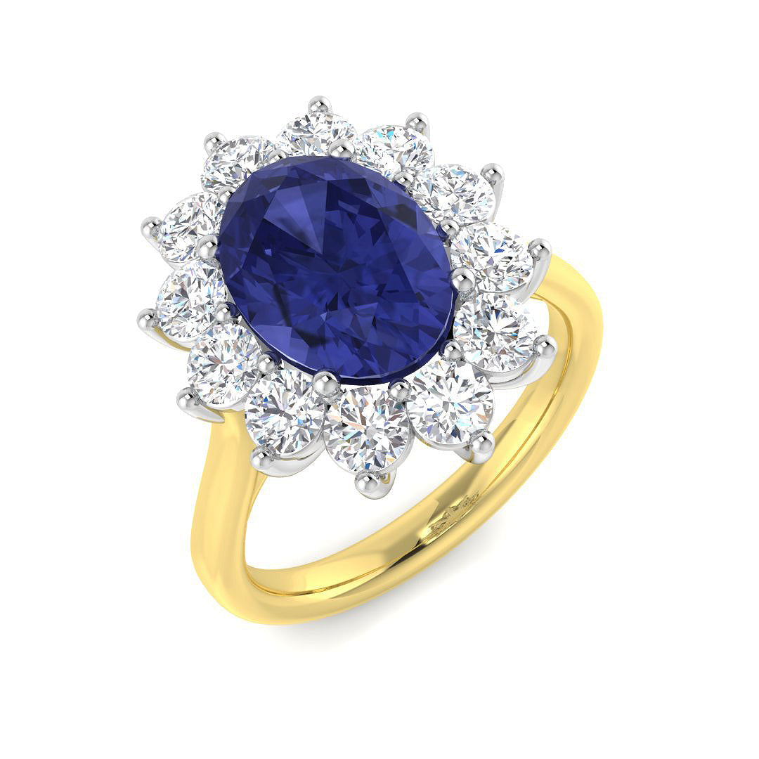 Oval Cut Tanzanite Cluster Gemstone Halo Ring - UK Hallmarked Jewelry in 10K/14K gold and platinum with certified lab-grown or natural diamonds