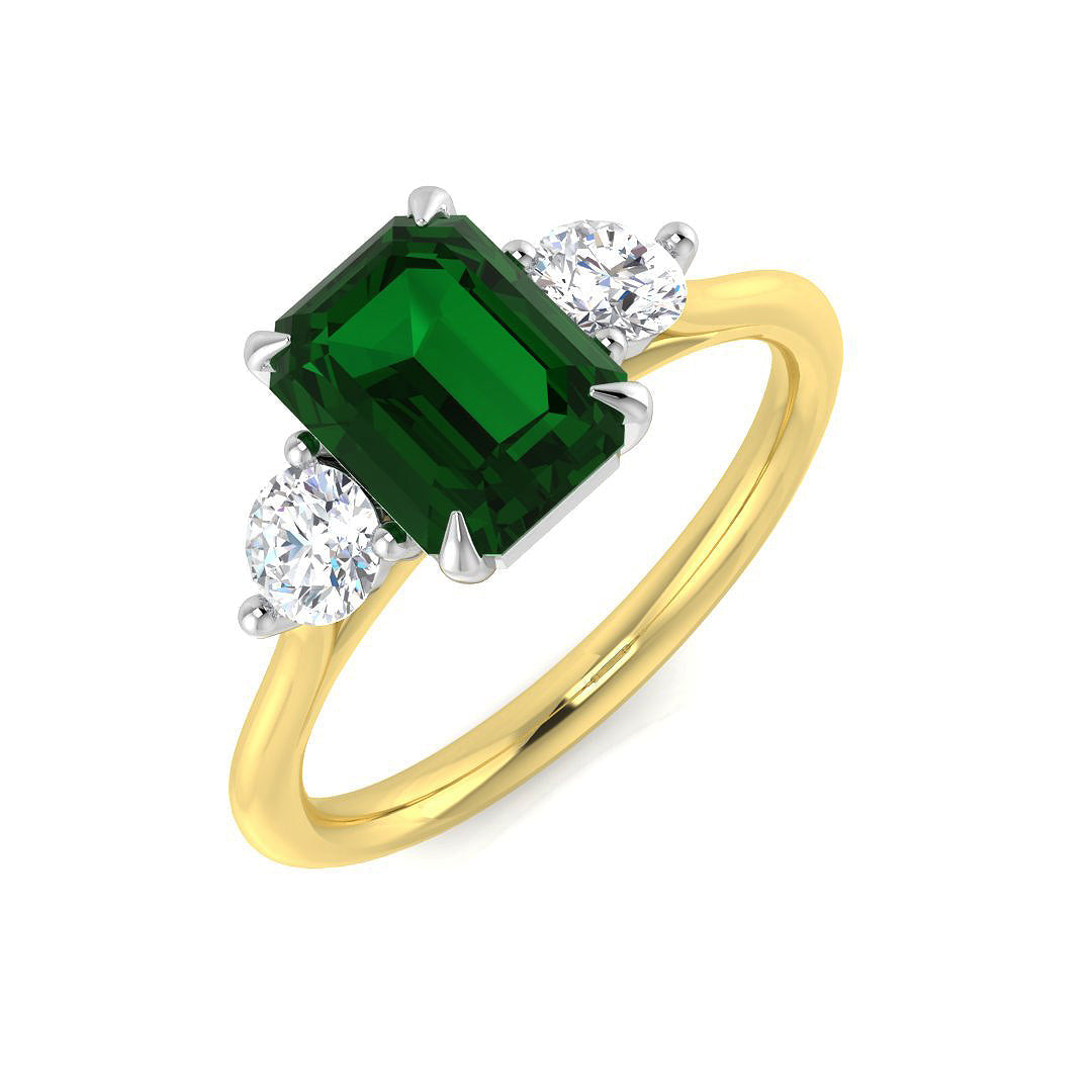 Emerald Trilogy Ring with Round Diamond Side Stones in 10K/14K gold and platinum with certified lab-grown or natural diamonds