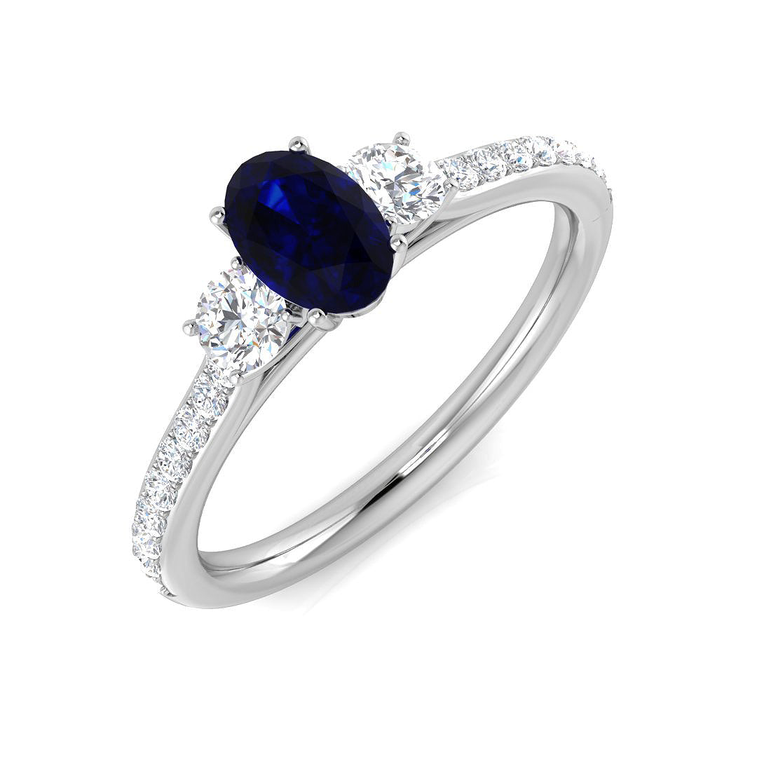 Oval Blue Sapphire Three Stone Ring in 10K/14K gold and platinum with certified lab-grown or natural diamonds