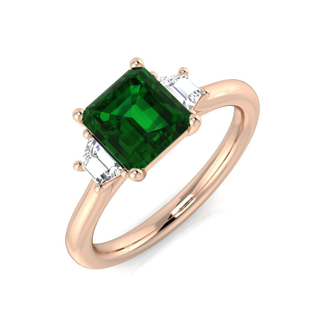 Emerald Solitaire Ring with Baguette Diamond Side Stones in 10K/14K gold and platinum with certified lab-grown or natural diamonds