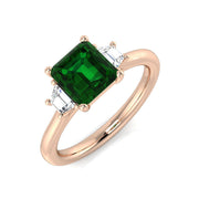 Emerald Solitaire Ring with Baguette Diamond Side Stones in 10K/14K gold and platinum with certified lab-grown or natural diamonds