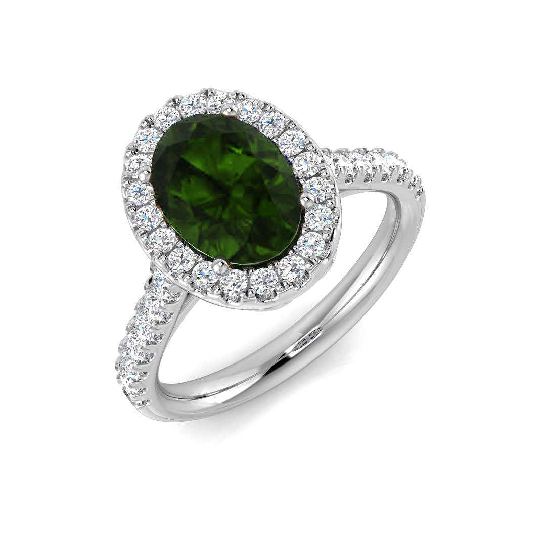Oval Green Halo Engagement Ring in 10K/14K gold and platinum with certified lab-grown or natural diamonds