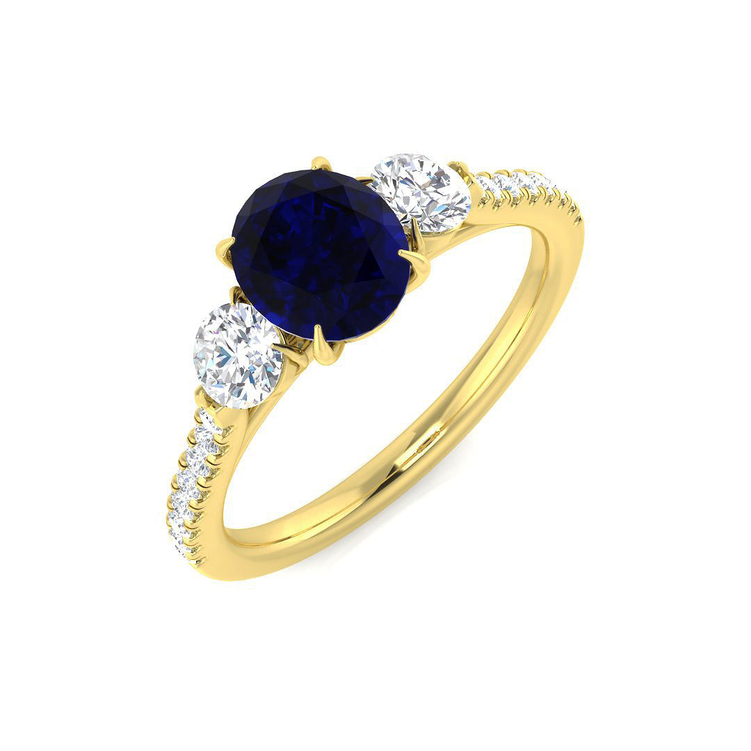 Blue Sapphire Three Stone Ring with Round Diamond Side Stones & Pave Band in 10K/14K gold and platinum with certified lab-grown or natural diamonds