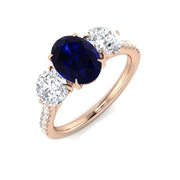 Oval Blue Sapphire & Oval Diamond Three Stone Ring in 10K/14K gold and platinum with certified lab-grown or natural diamonds