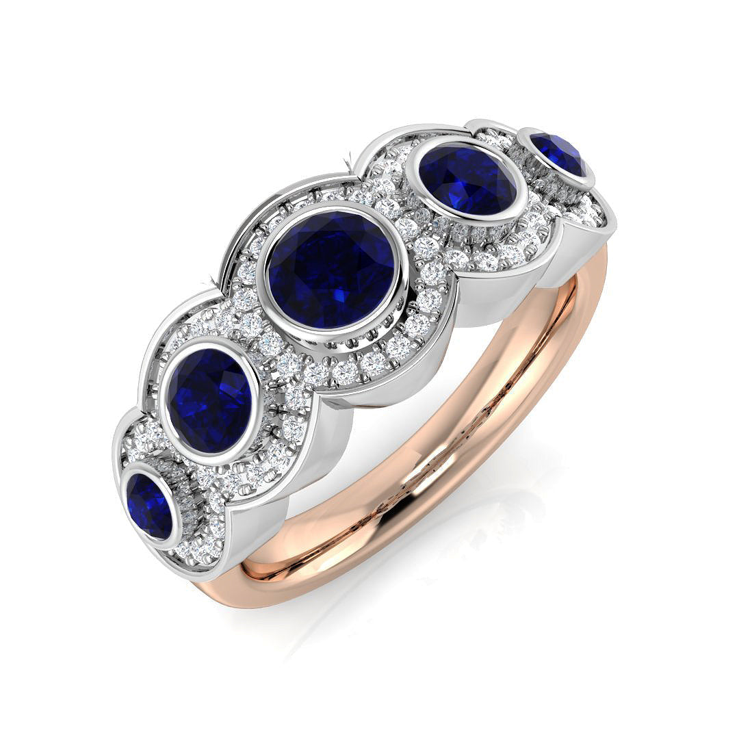 Blue Sapphire Diamond Five Stone Halo Ring in 10K/14K gold and platinum with certified lab-grown or natural diamonds