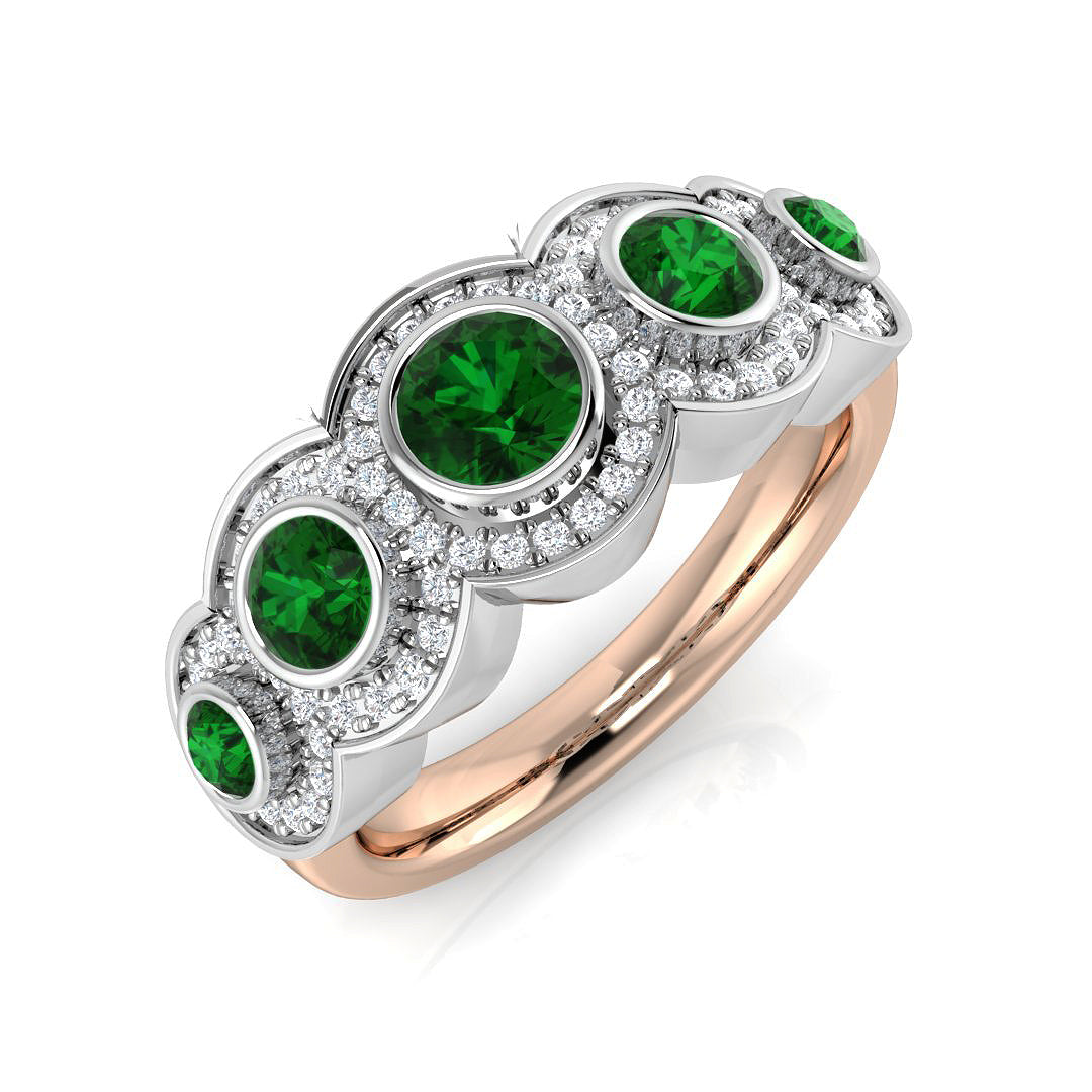 Green Emerald Diamond Five Stone Halo Ring in 10K/14K gold and platinum with certified lab-grown or natural diamonds