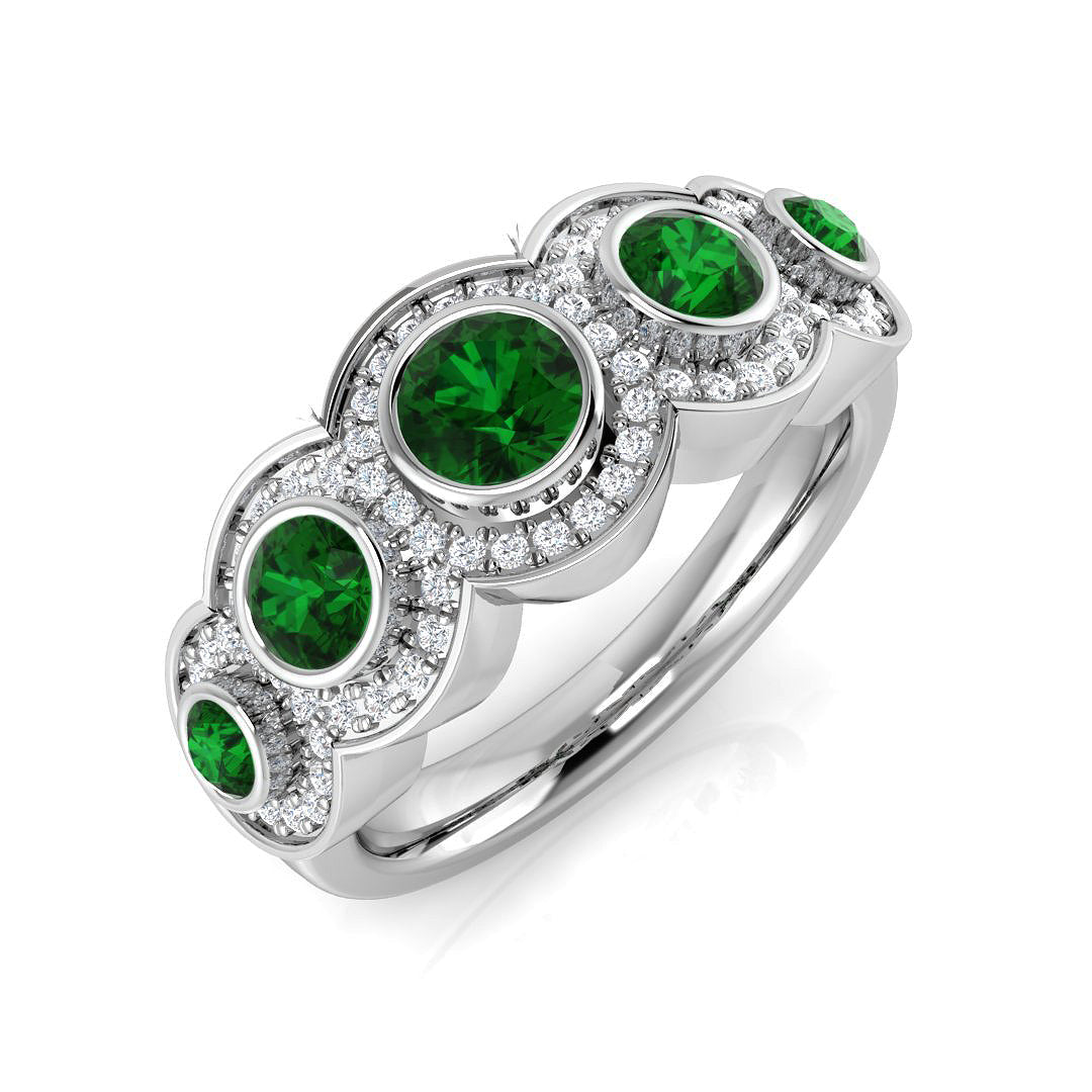 Green Emerald Diamond Five Stone Halo Ring in 10K/14K gold and platinum with certified lab-grown or natural diamonds