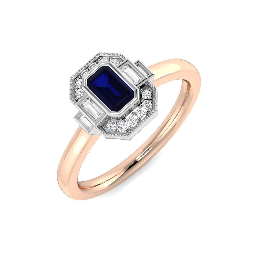 Emerald Cut Blue Sapphire Ring with Natural Round & Baguette Diamond in 10K/14K gold and platinum with certified lab-grown or natural diamonds