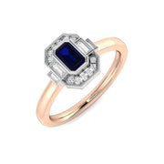 Emerald Cut Blue Sapphire Ring with Natural Round & Baguette Diamond in 10K/14K gold and platinum with certified lab-grown or natural diamonds