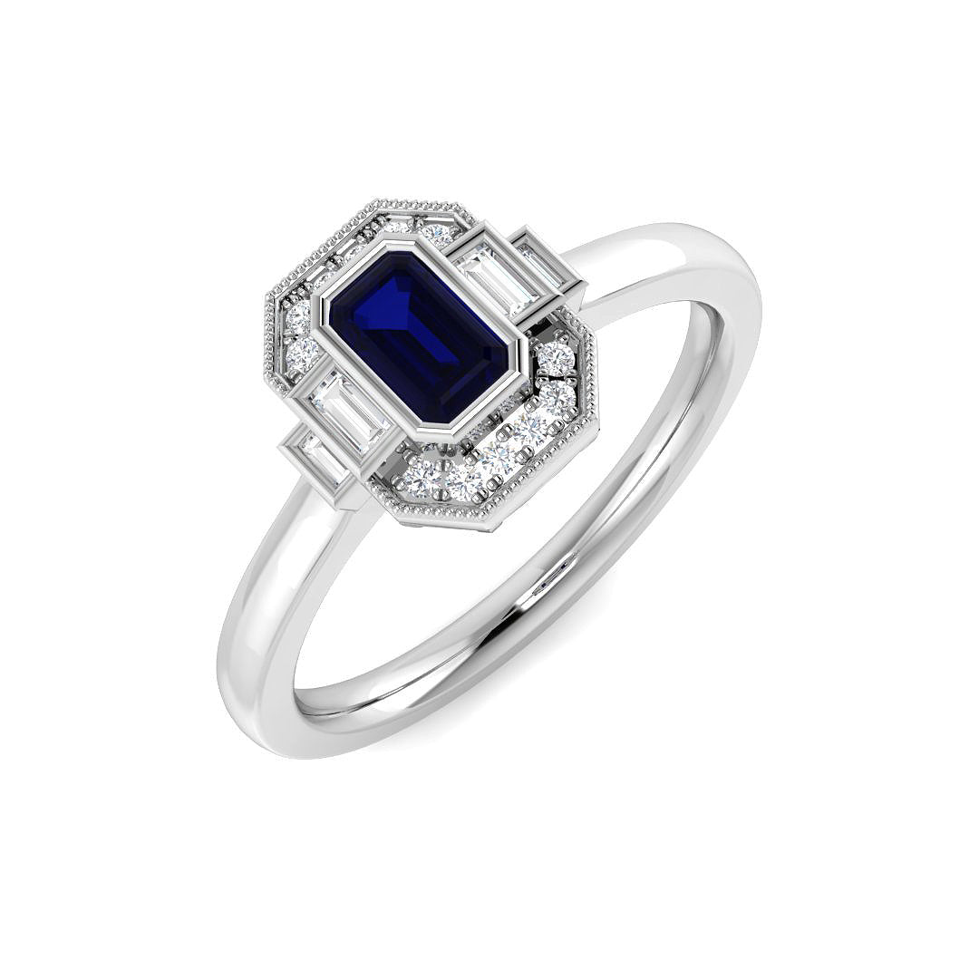 Emerald Cut Blue Sapphire Ring with Natural Round & Baguette Diamond in 10K/14K gold and platinum with certified lab-grown or natural diamonds