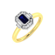 Emerald Cut Blue Sapphire Ring with Natural Round & Baguette Diamond in 10K/14K gold and platinum with certified lab-grown or natural diamonds