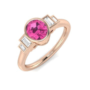 Pink Sapphire Five Stone Ring with Baguette Diamonds in 10K/14K gold and platinum with certified lab-grown or natural diamonds
