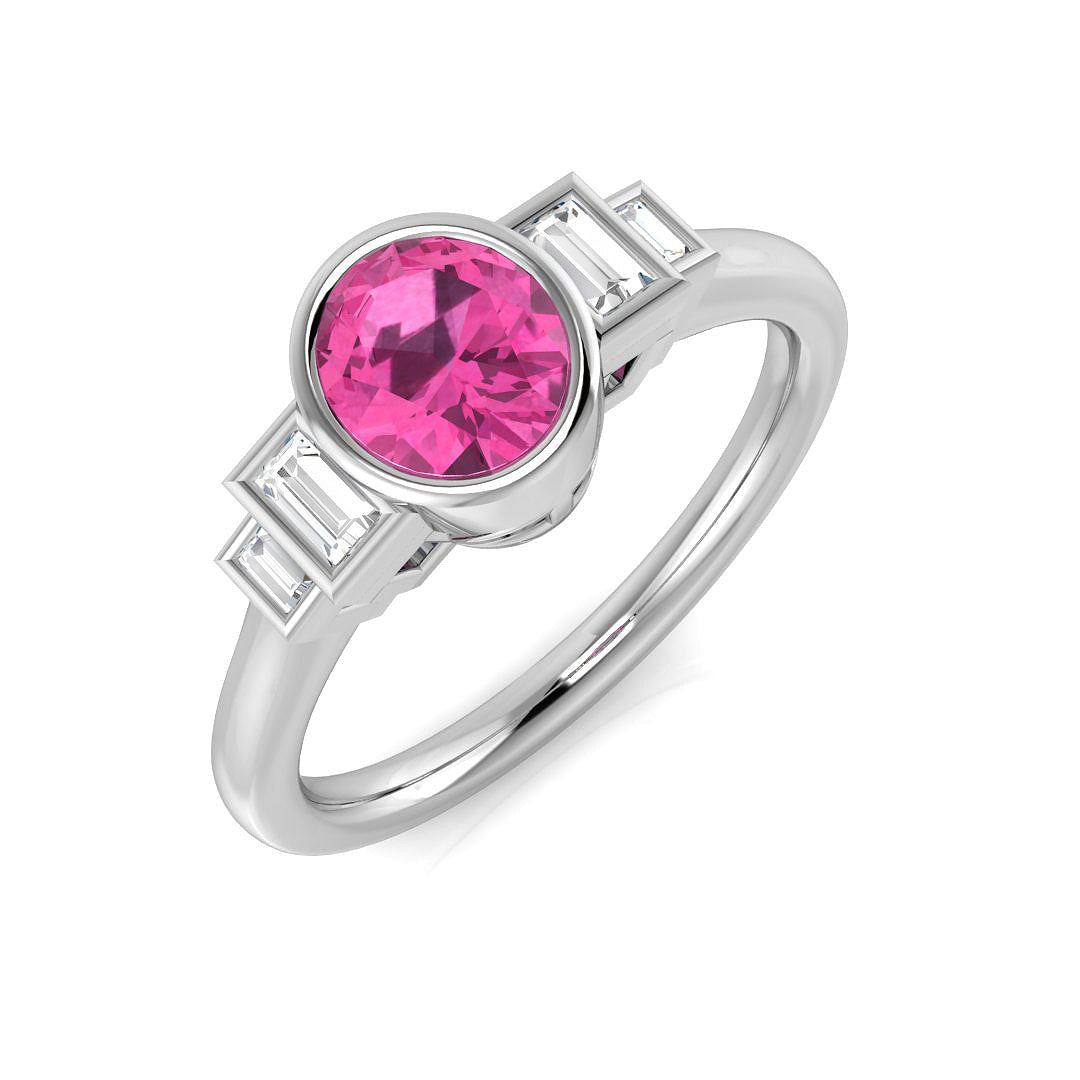 Pink Sapphire Five Stone Ring with Baguette Diamonds in 10K/14K gold and platinum with certified lab-grown or natural diamonds