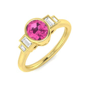 Pink Sapphire Five Stone Ring with Baguette Diamonds in 10K/14K gold and platinum with certified lab-grown or natural diamonds