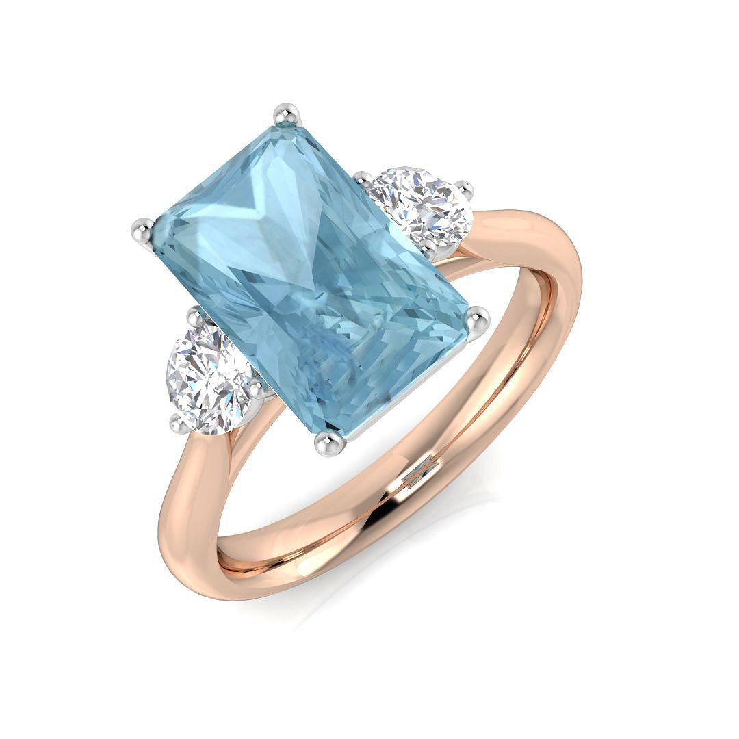 Emerald Cut Aquamarine Ring with Diamond Side Stones in 10K/14K gold and platinum with certified lab-grown or natural diamonds