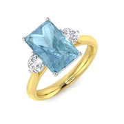 Emerald Cut Aquamarine Ring with Diamond Side Stones in 10K/14K gold and platinum with certified lab-grown or natural diamonds