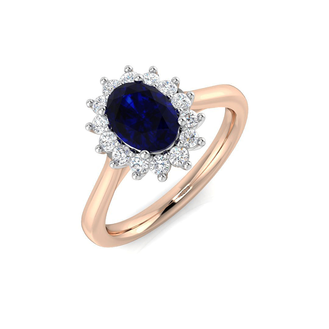 Oval Blue Sapphire Halo Engagement Ring in 10K/14K gold and platinum with certified lab-grown or natural diamonds
