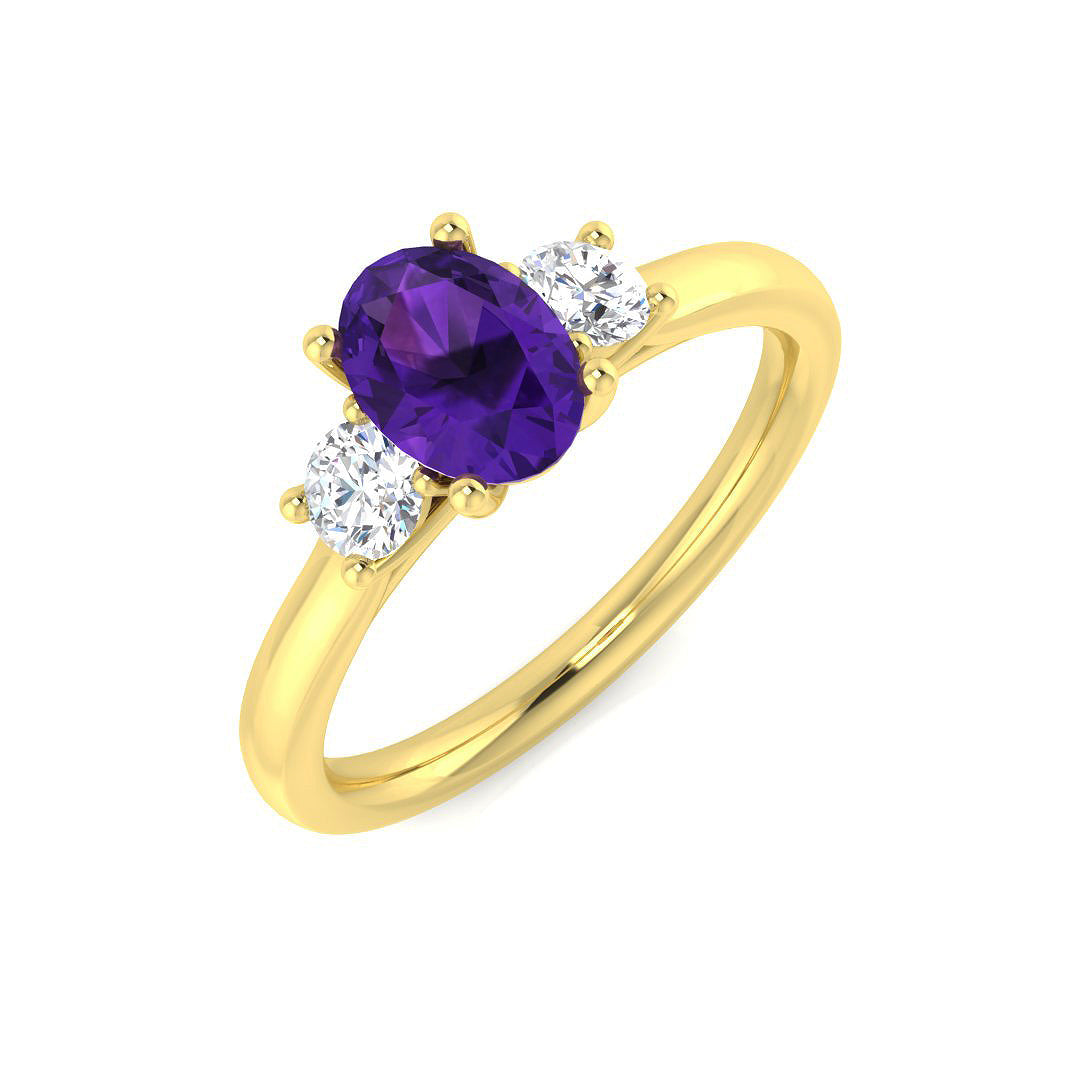 Oval Amethyst Three Stone Ring in 10K/14K gold and platinum with certified lab-grown or natural diamonds