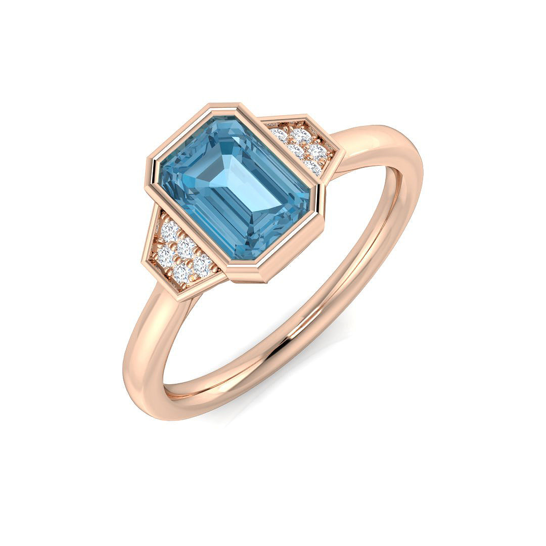 Emerald Cut Blue Topaz Side Stone Ring with Natural Pave Diamonds in 10K/14K gold and platinum with certified lab-grown or natural diamonds
