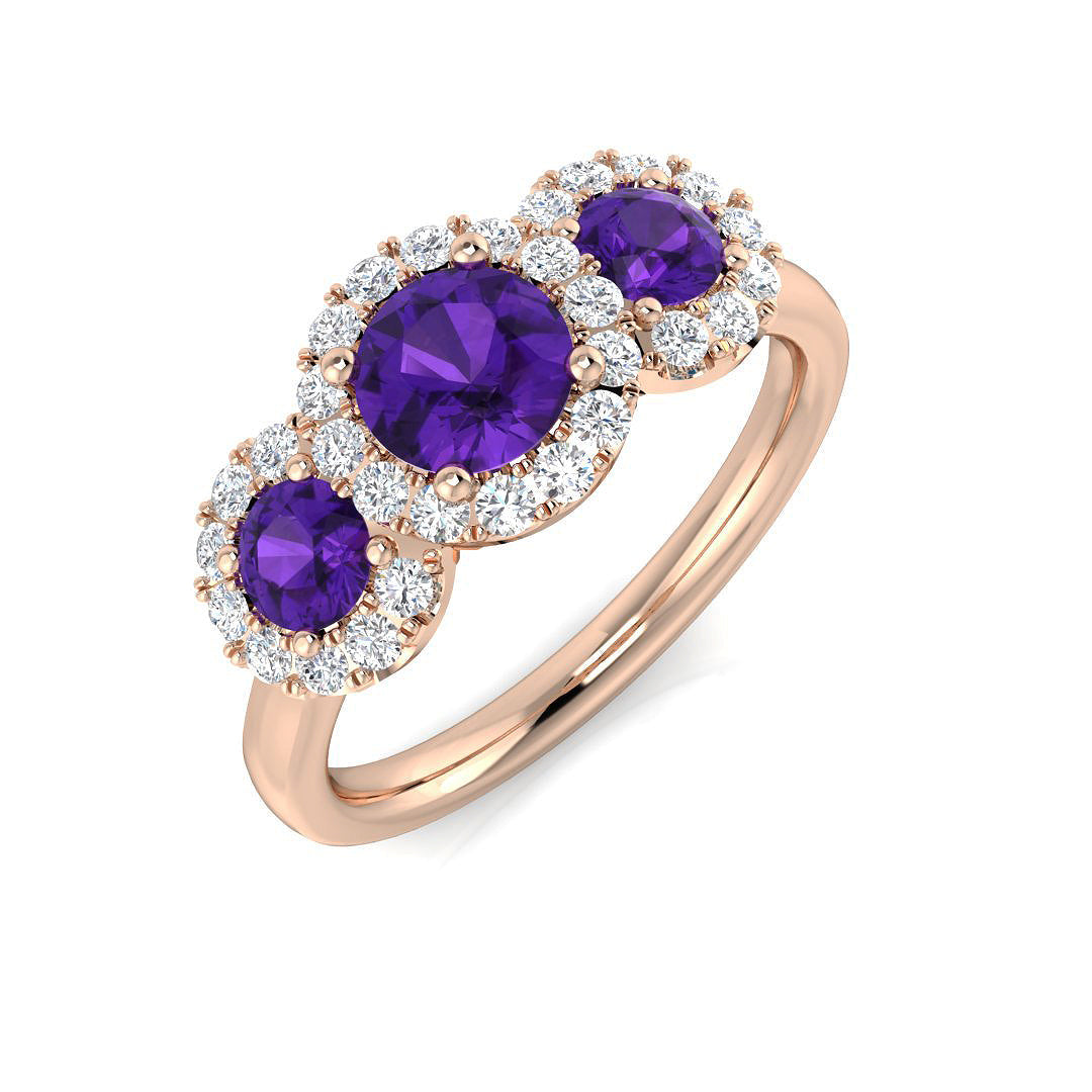 Round Cut Amethyst Halo Ring Trilogy Cluster Ring in 10K/14K gold and platinum with certified lab-grown or natural diamonds