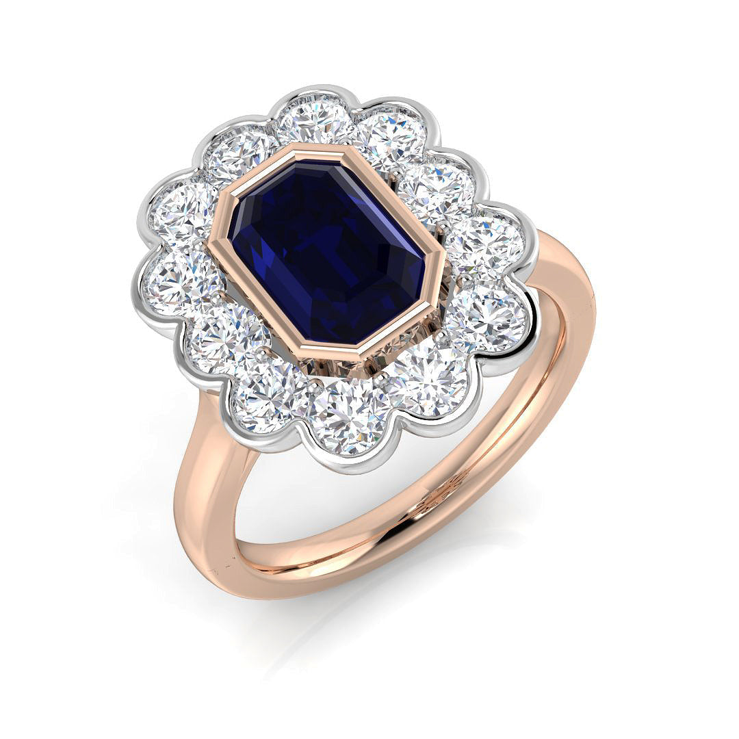 Emerald Cut Blue Sapphire Floral Halo Ring in 10K/14K gold and platinum with certified lab-grown or natural diamonds