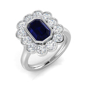 Emerald Cut Blue Sapphire Floral Halo Ring in 10K/14K gold and platinum with certified lab-grown or natural diamonds