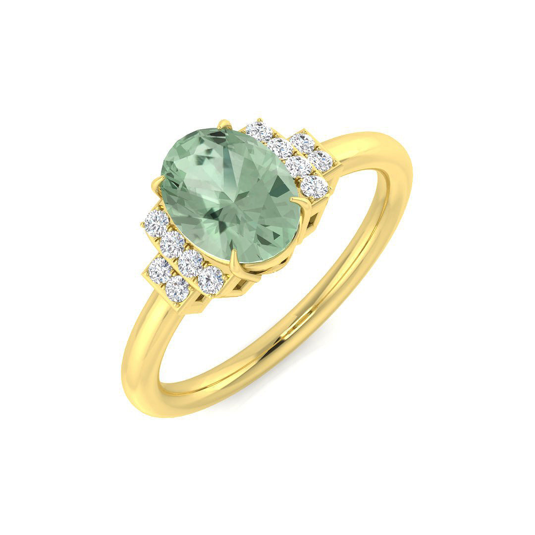 Green Amethyst Oval Cut Ring with Pave Side Accents in 10K/14K gold and platinum with certified lab-grown or natural diamonds