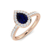 Pear Cut Blue Sapphire Halo Ring with Natural Round Diamond Pave Band in 10K/14K gold and platinum with certified lab-grown or natural diamonds