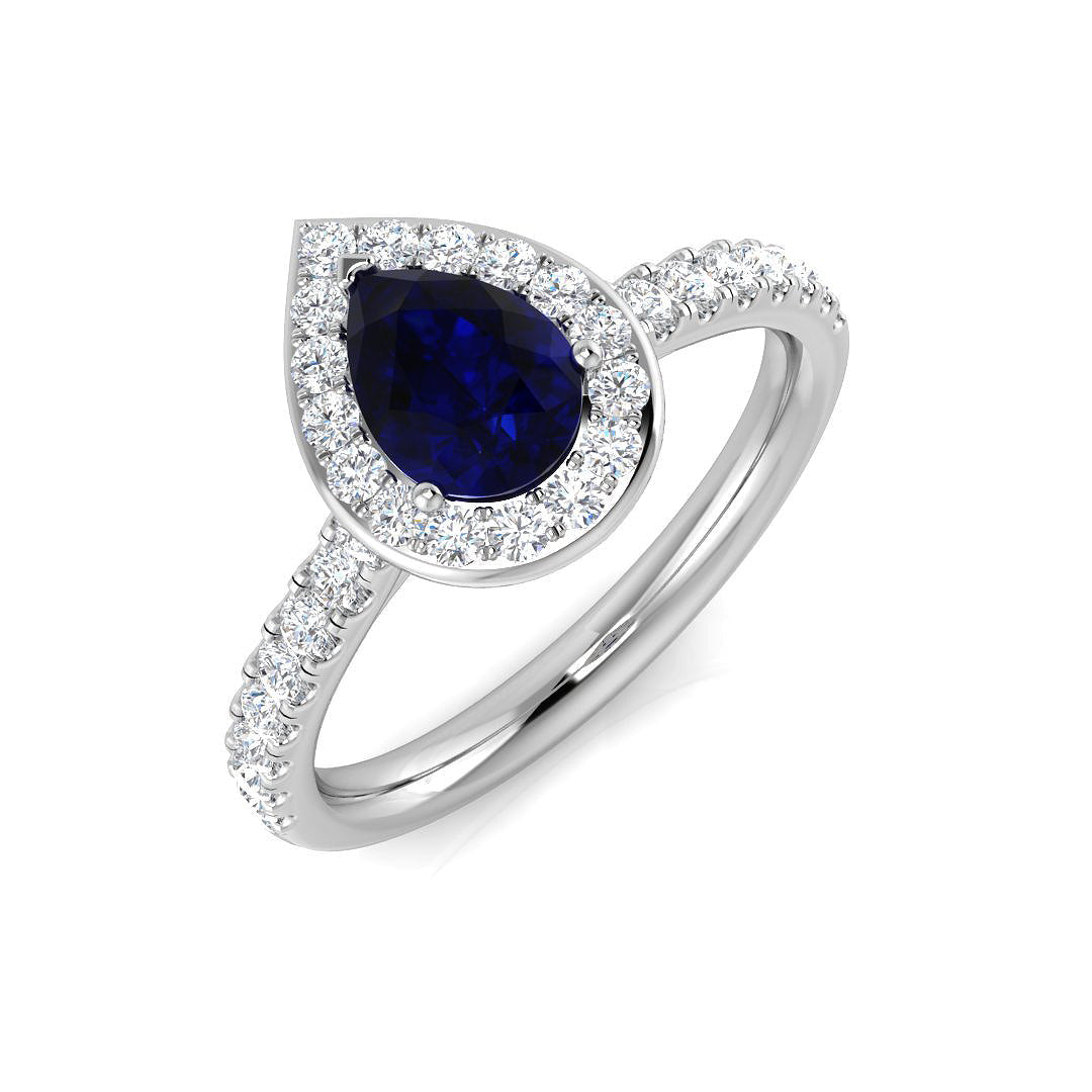 Pear Cut Blue Sapphire Halo Ring with Natural Round Diamond Pave Band in 10K/14K gold and platinum with certified lab-grown or natural diamonds
