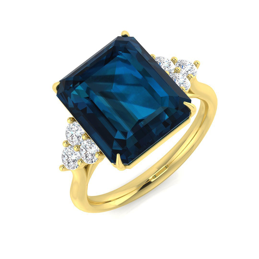 London Blue Topaz Solitaire Ring with Diamond Side Accents - UK Made in 10K/14K gold and platinum with certified lab-grown or natural diamonds