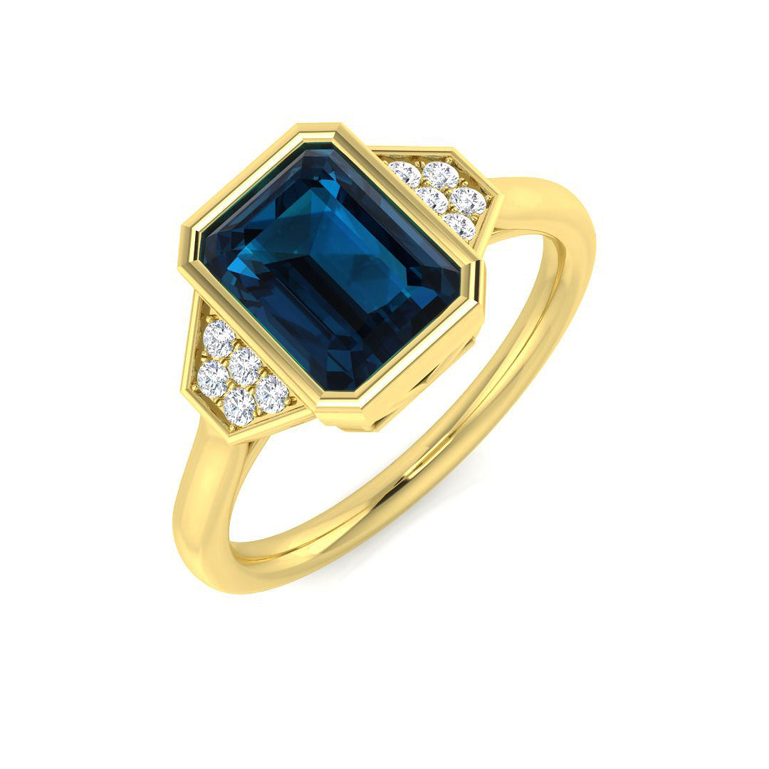 Emerald Cut London Blue Topaz Ring with Round Side Accents in 10K/14K gold and platinum with certified lab-grown or natural diamonds