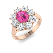 Pink Sapphire Cluster Ring with Diamond Floral Halo in 10K/14K gold and platinum with certified lab-grown or natural diamonds