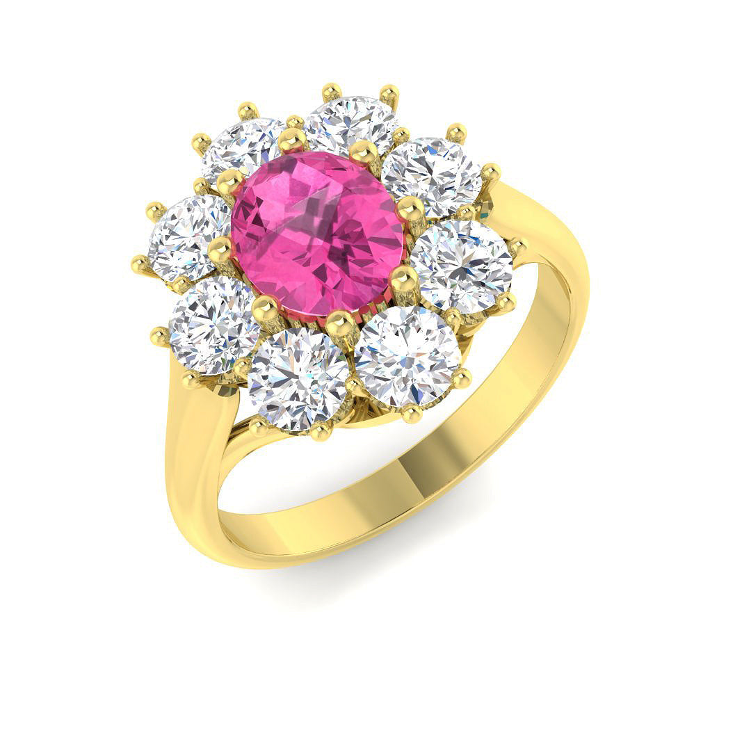 Pink Sapphire Cluster Ring with Diamond Floral Halo in 10K/14K gold and platinum with certified lab-grown or natural diamonds