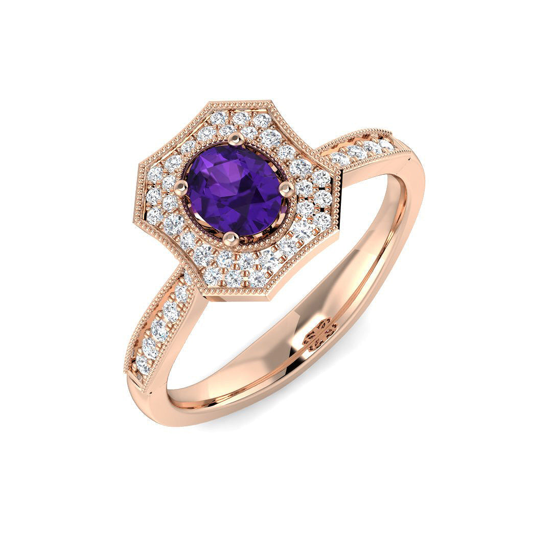 Prong Set Oval Cut Amethyst Solitaire Ring with Side Pave Diamonds in 10K/14K gold and platinum with certified lab-grown or natural diamonds