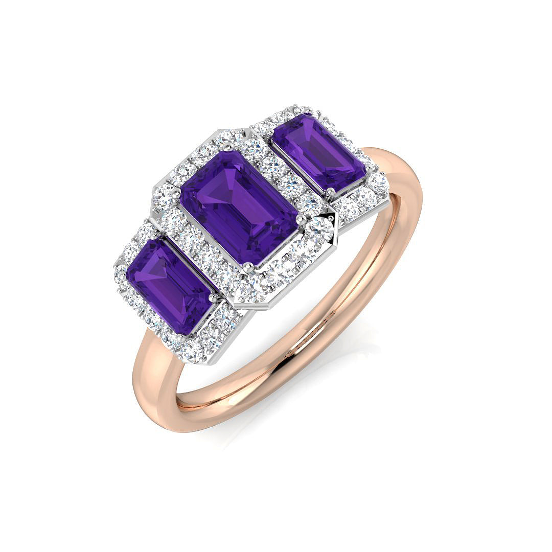 Natural Diamond Three Stone Halo Amethyst Gemstone Engagement Ring in 10K/14K gold and platinum with certified lab-grown or natural diamonds