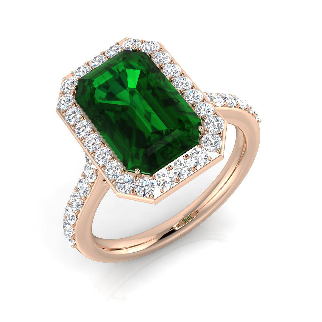Emerald Cut Halo Diamond Engagement Ring in 10K/14K gold and platinum with certified lab-grown or natural diamonds