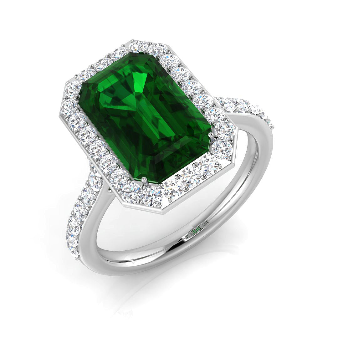 Emerald Cut Halo Diamond Engagement Ring in 10K/14K gold and platinum with certified lab-grown or natural diamonds
