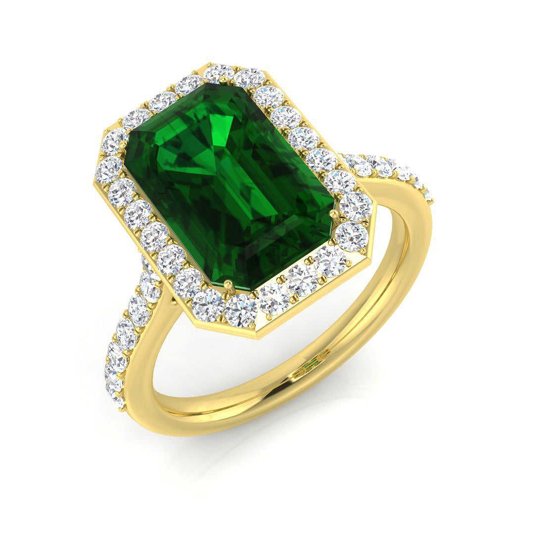 Emerald Cut Halo Diamond Engagement Ring in 10K/14K gold and platinum with certified lab-grown or natural diamonds