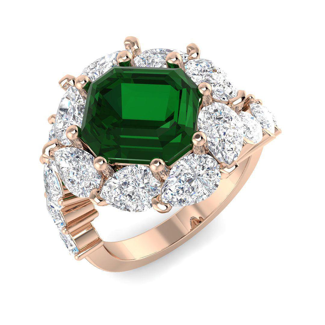 Solitaire Emerald Ring with Pear Diamond Side Stones in 10K/14K gold and platinum with certified lab-grown or natural diamonds