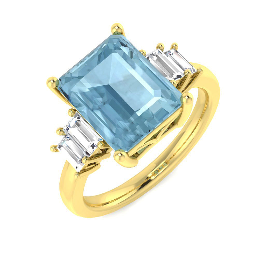 Emerald Cut Aquamarine Ring with Baguette Side Diamonds - Gemstone in 10K/14K gold and platinum with certified lab-grown or natural diamonds