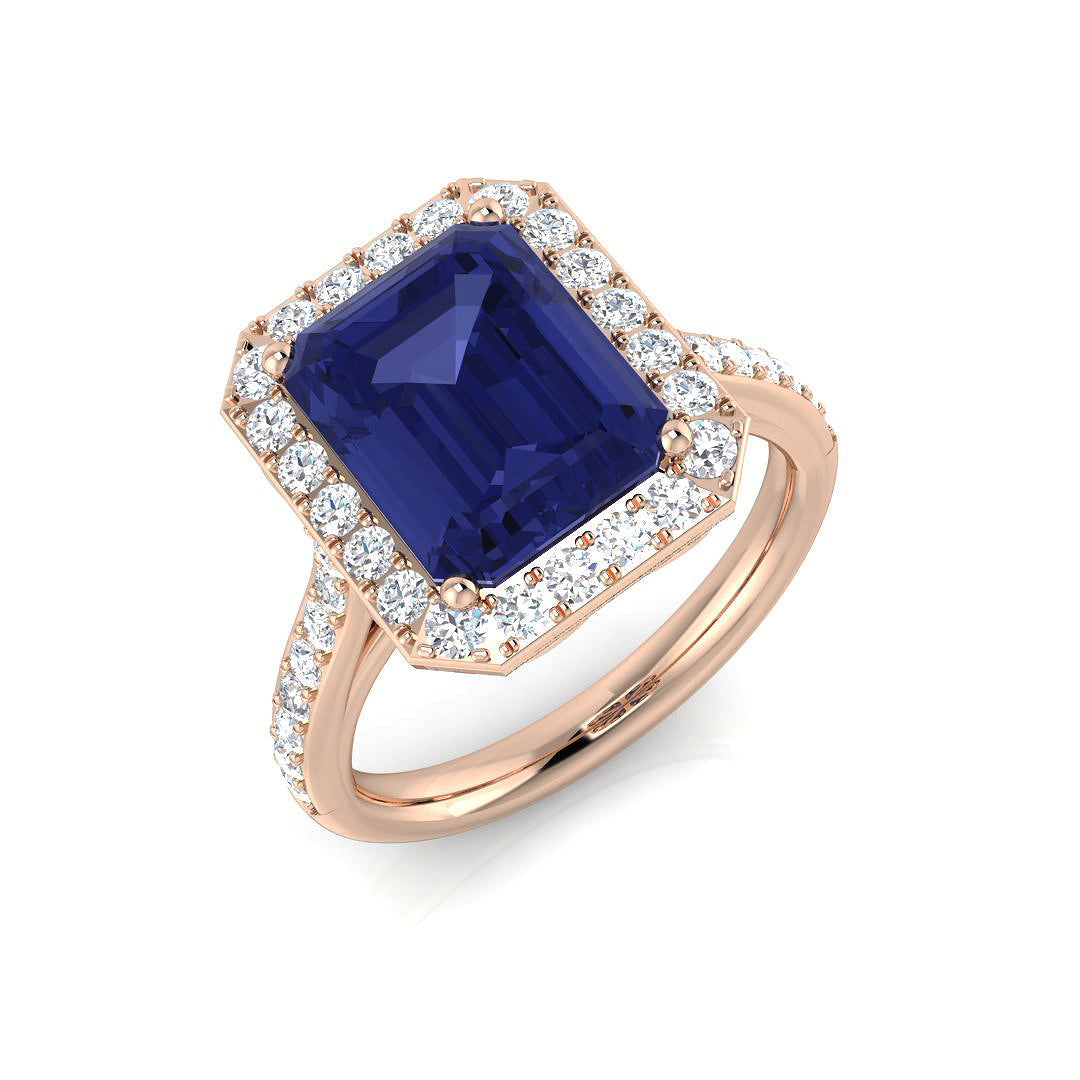 Emerald Cut Blue Sapphire Halo Ring in 10K/14K gold and platinum with certified lab-grown or natural diamonds