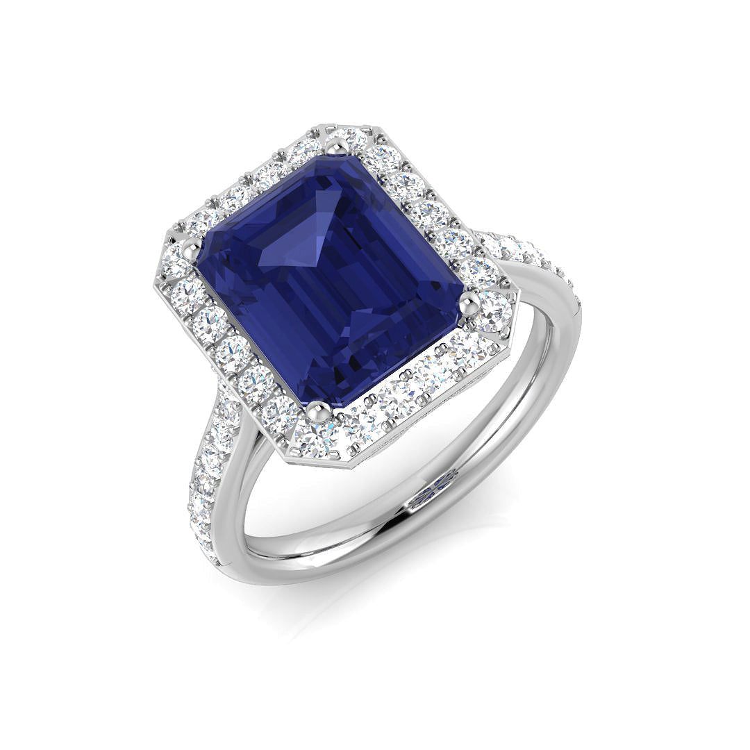 Emerald Cut Blue Sapphire Halo Ring in 10K/14K gold and platinum with certified lab-grown or natural diamonds