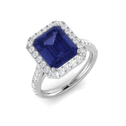 Emerald Cut Blue Sapphire Halo Ring in 10K/14K gold and platinum with certified lab-grown or natural diamonds