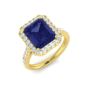 Emerald Cut Blue Sapphire Halo Ring in 10K/14K gold and platinum with certified lab-grown or natural diamonds
