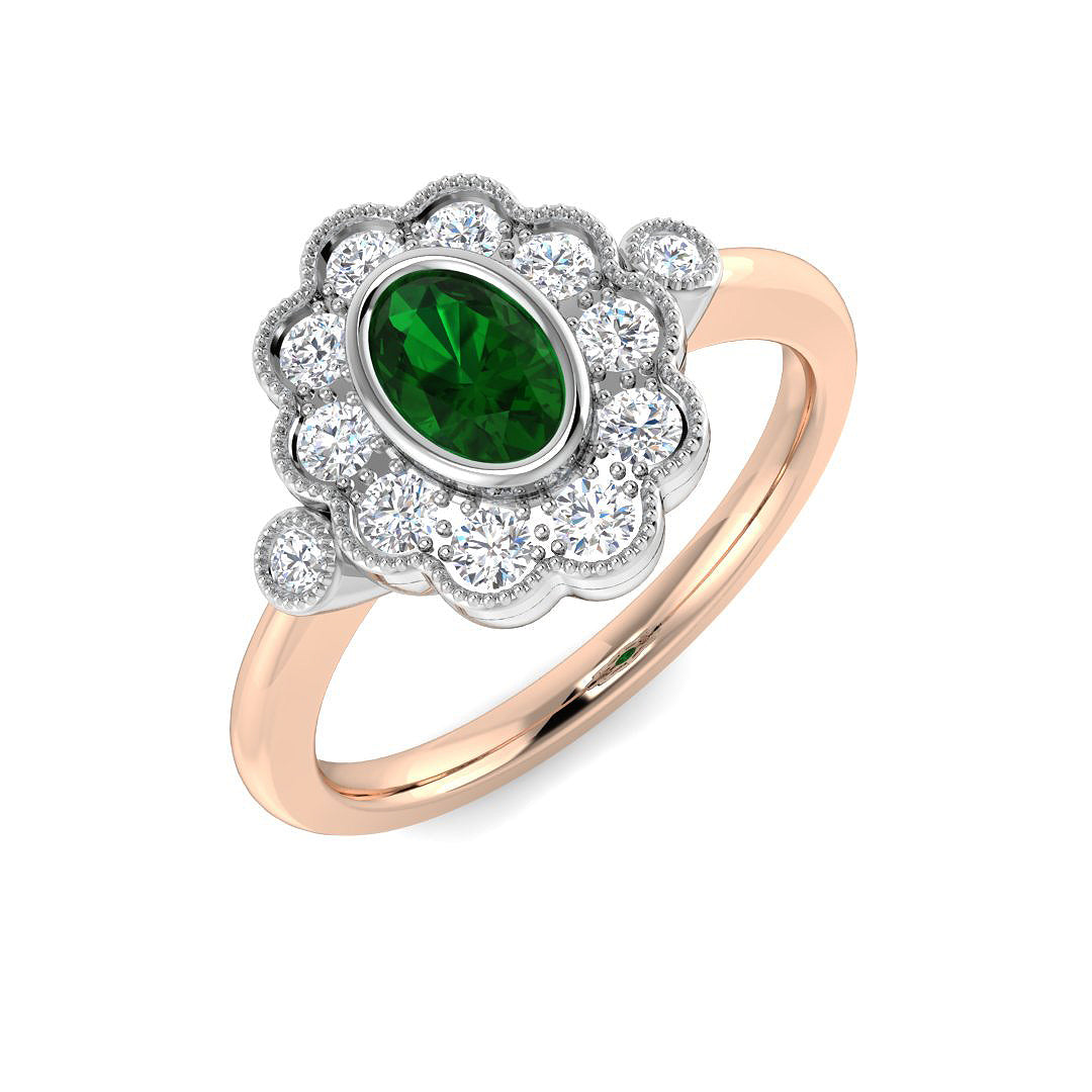 Oval Cut Emerald Halo Ring with Cluster Diamond in 10K/14K gold and platinum with certified lab-grown or natural diamonds