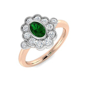 Oval Cut Emerald Halo Ring with Cluster Diamond in 10K/14K gold and platinum with certified lab-grown or natural diamonds