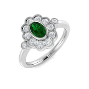 Oval Cut Emerald Halo Ring with Cluster Diamond in 10K/14K gold and platinum with certified lab-grown or natural diamonds