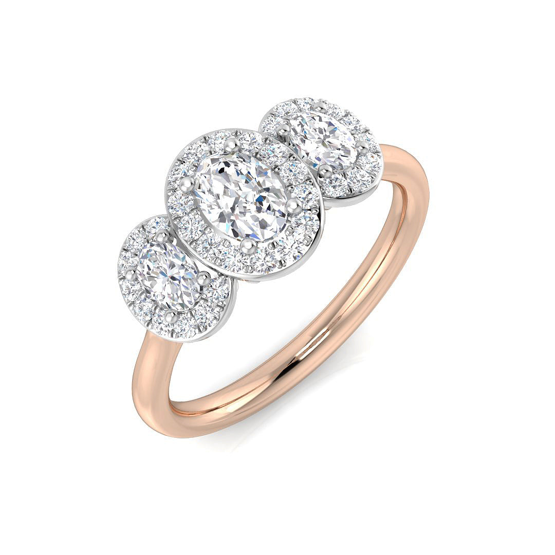 Three Stone Oval Halo Diamond Ring in 10K/14K gold and platinum with certified lab-grown or natural diamonds